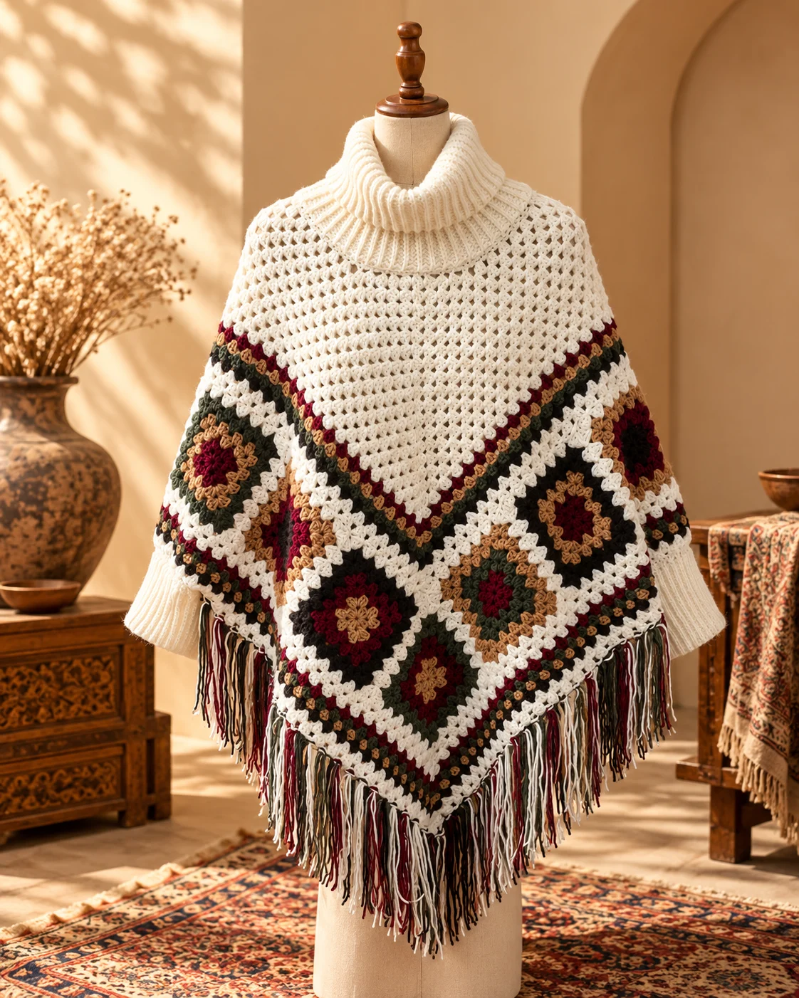 Knitted poncho with cream, burgundy, brown and dark-green geometric squares and fringe