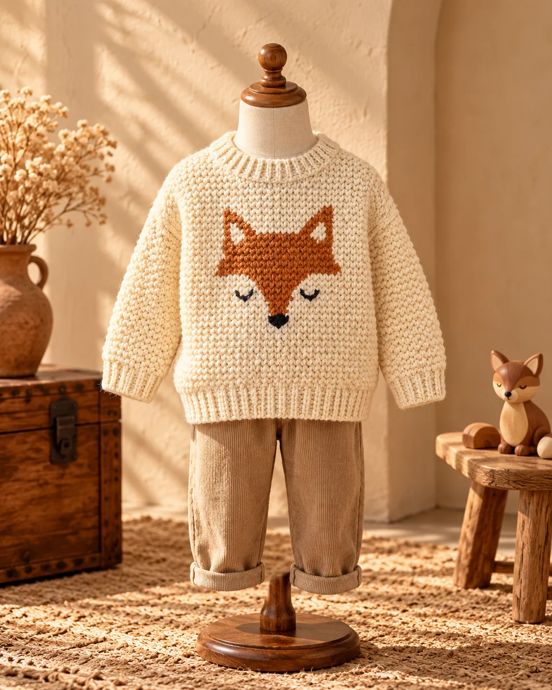 Child's cream knitted sweater with a fox motif