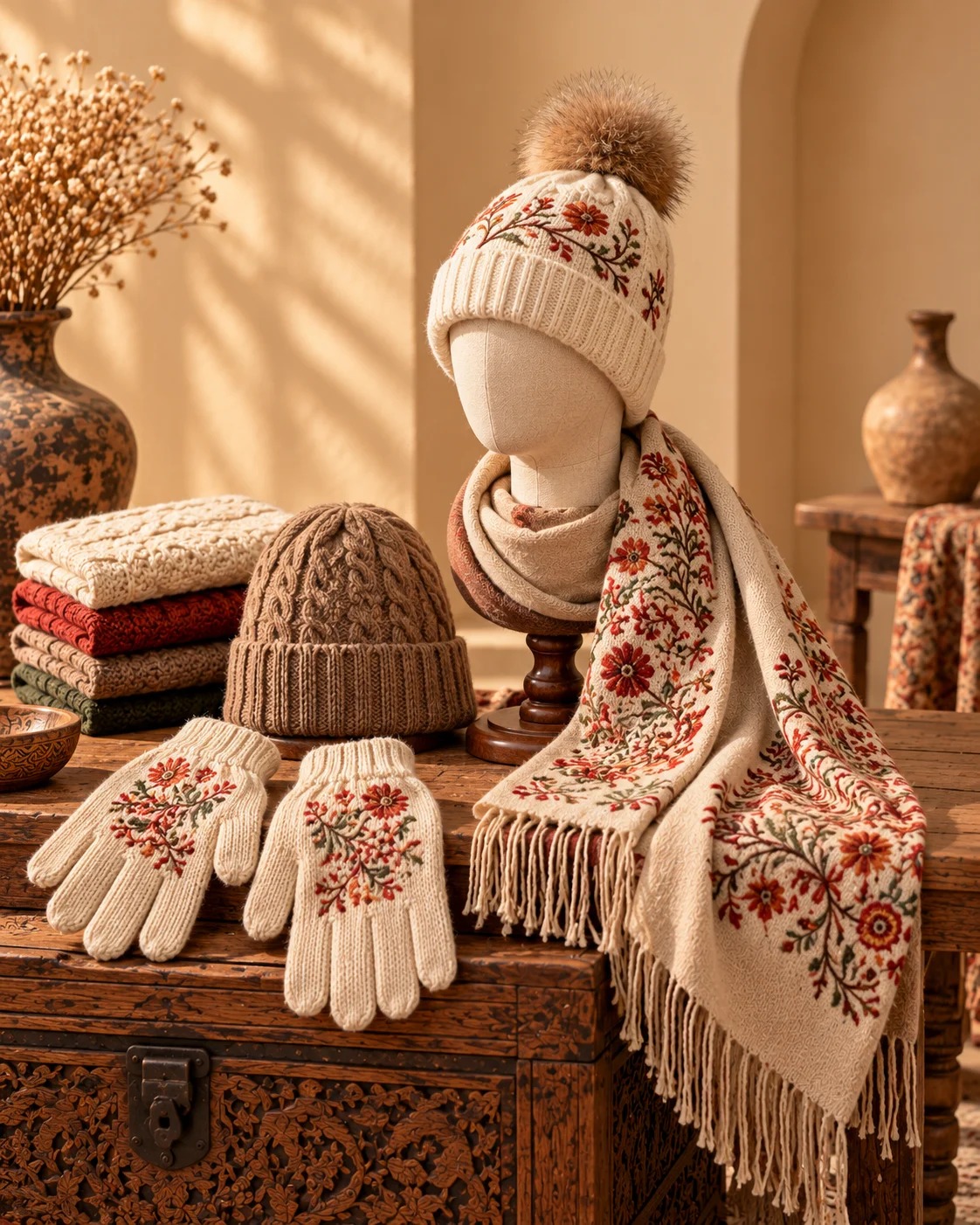 Winter accessories including a knitted cap, embroidered gloves and a fringed scarf