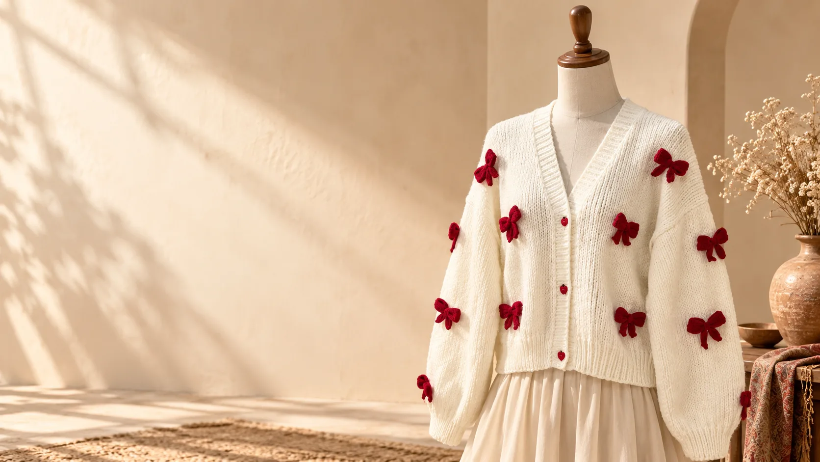 Cream knitted cardigan with burgundy bow decorations on a mannequin