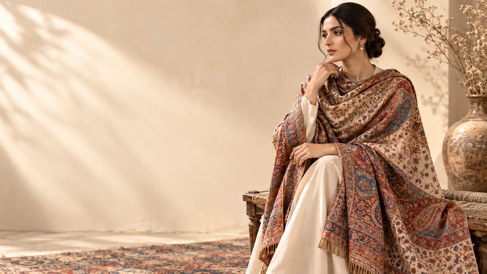 Woman wearing a patterned Kashmiri shawl, seated against a warm cream wall