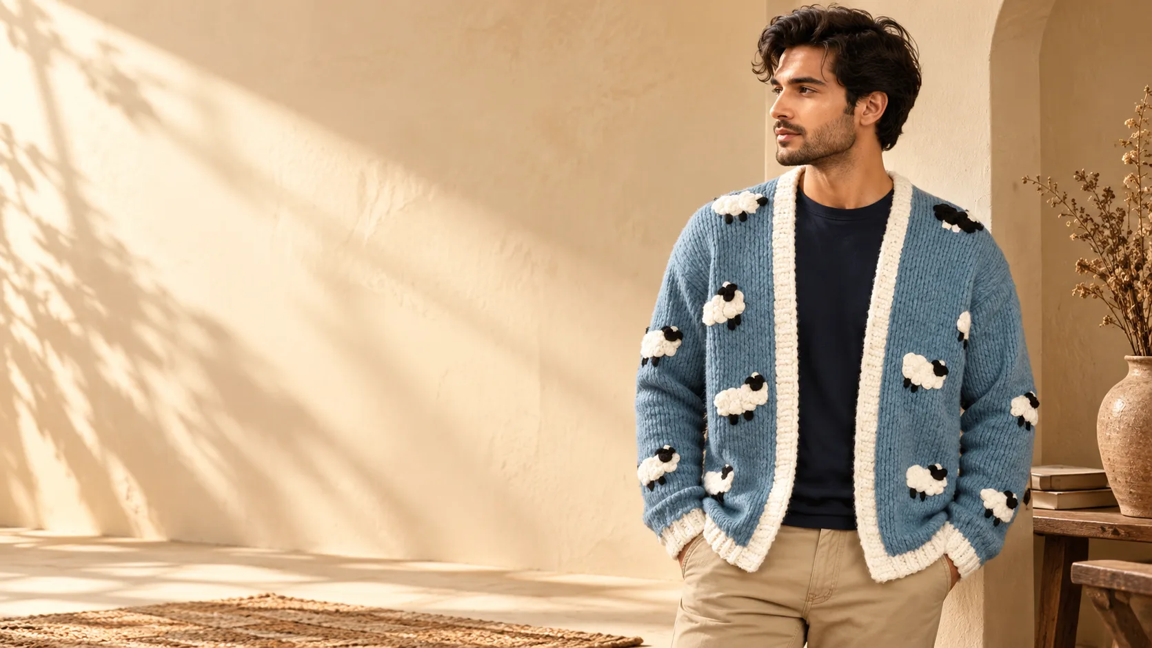 Man wearing a blue knitted cardigan with white sheep motifs