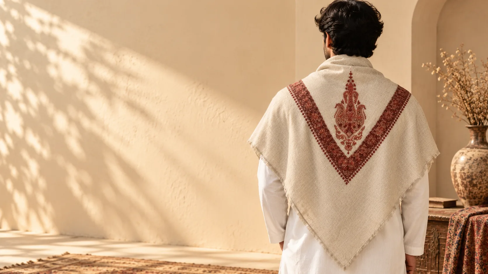 Man wearing a cream shawl with an embroidered brown border