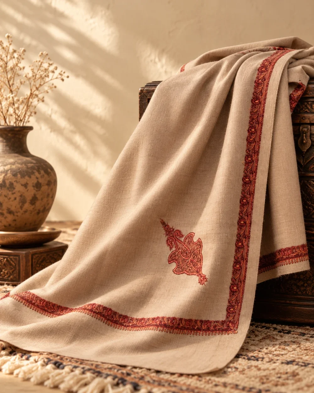 Taupe stole with a red embroidered border draped over a wooden chest