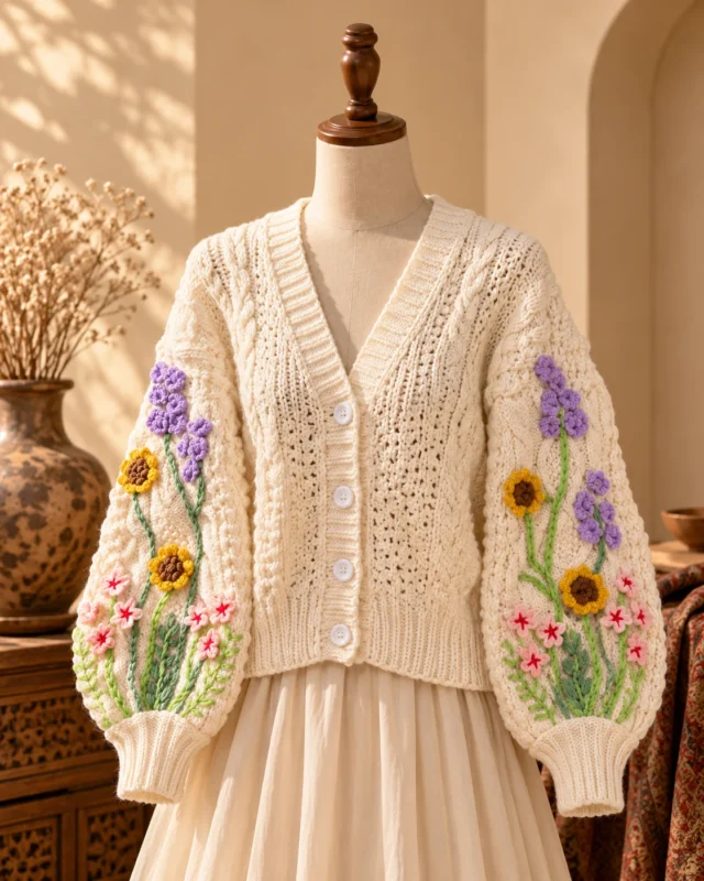 Cream knitted cardigan with purple, yellow and pink floral embroidery on the sleeves