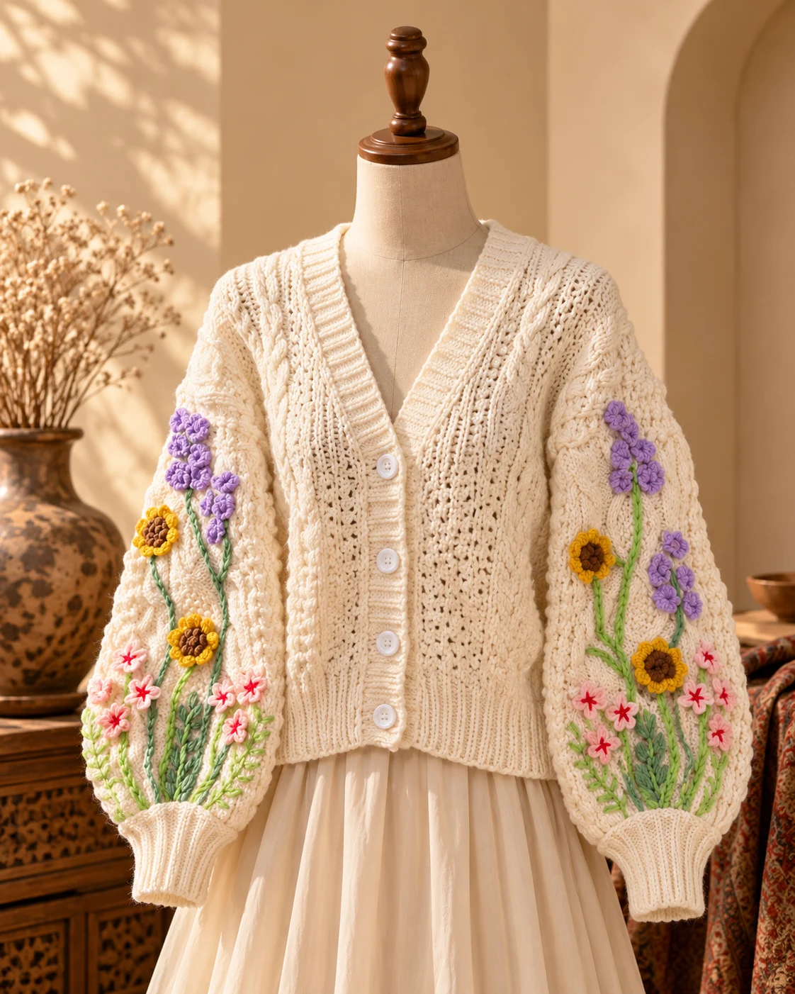 Cream knitted cardigan with purple, yellow and pink floral embroidery on the sleeves