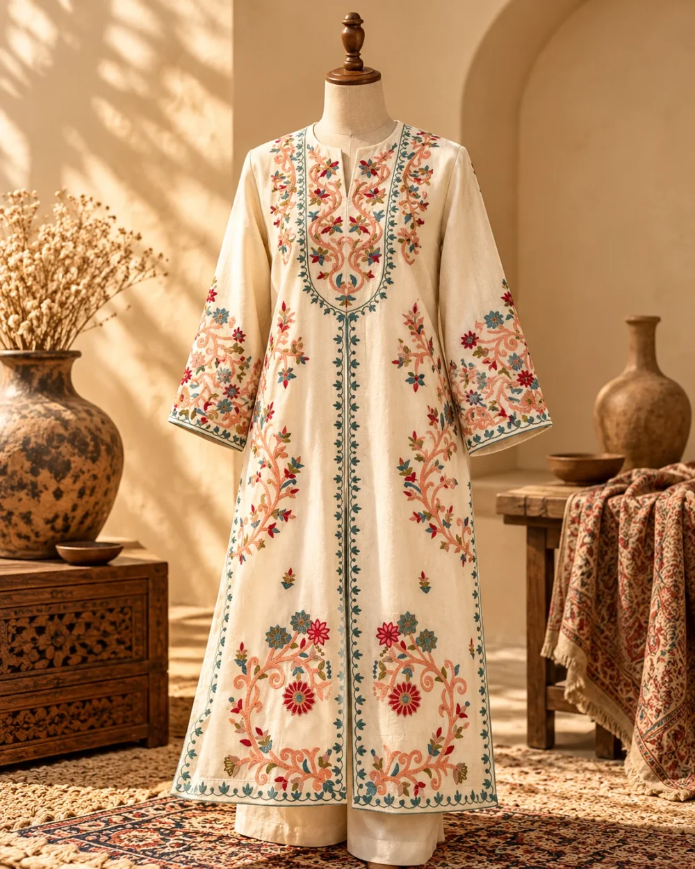 Cream Kashmiri pheran with colourful floral embroidery and decorative borders