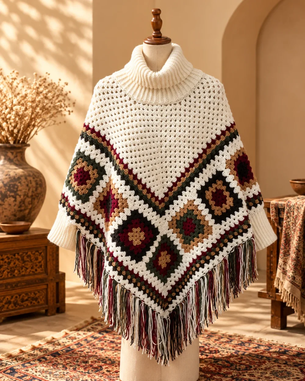 Knitted poncho with cream, burgundy, brown and dark-green geometric squares and fringe