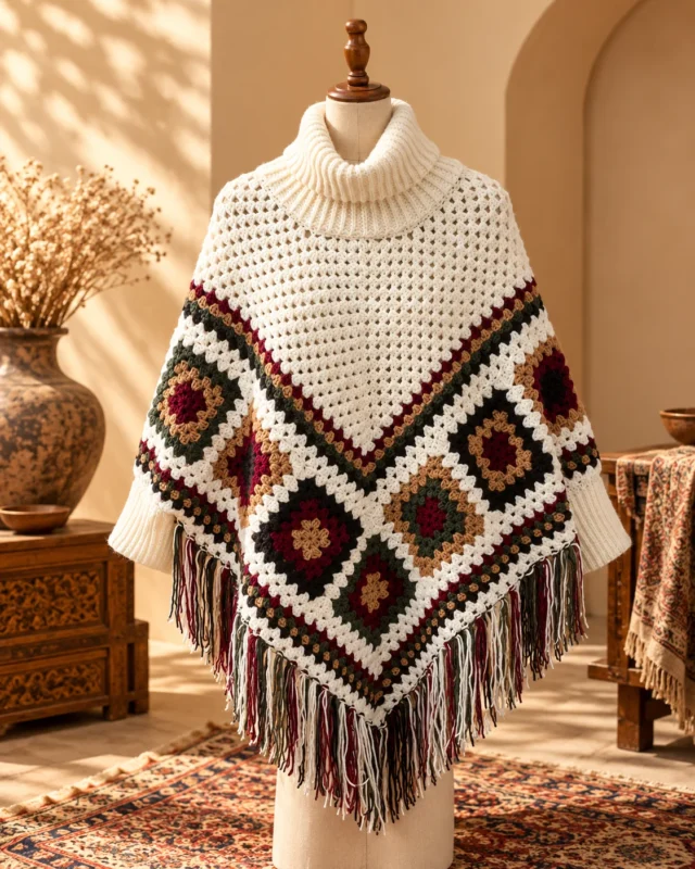 Knitted poncho with cream, burgundy, brown and dark-green geometric squares and fringe