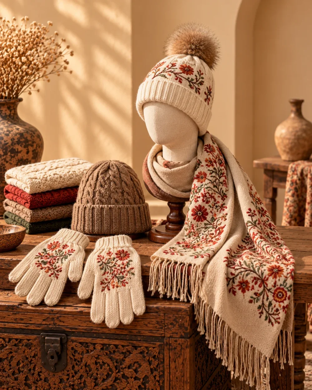 Winter accessories including a knitted cap, embroidered gloves and a fringed scarf