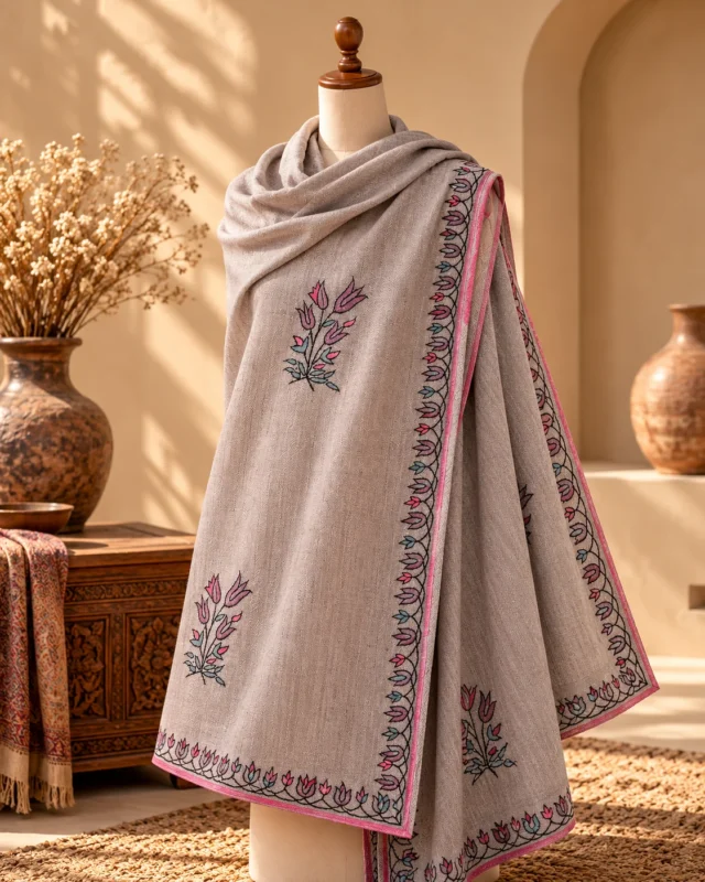 Taupe-grey Kashmiri shawl with pink and blue-green floral embroidery and a decorative border