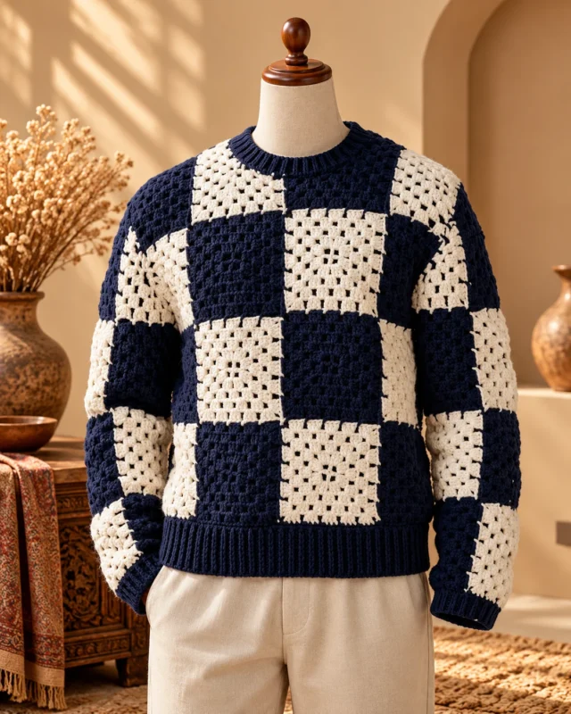 Navy and cream checkerboard knitted sweater on a mannequin