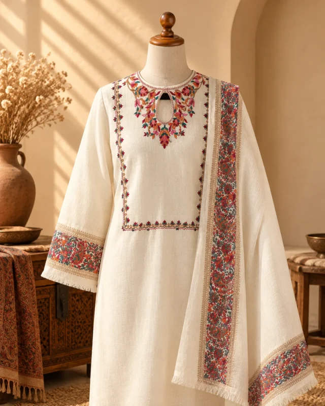 Cream Kashmiri garment with colourful embroidery around the neckline, front and sleeves