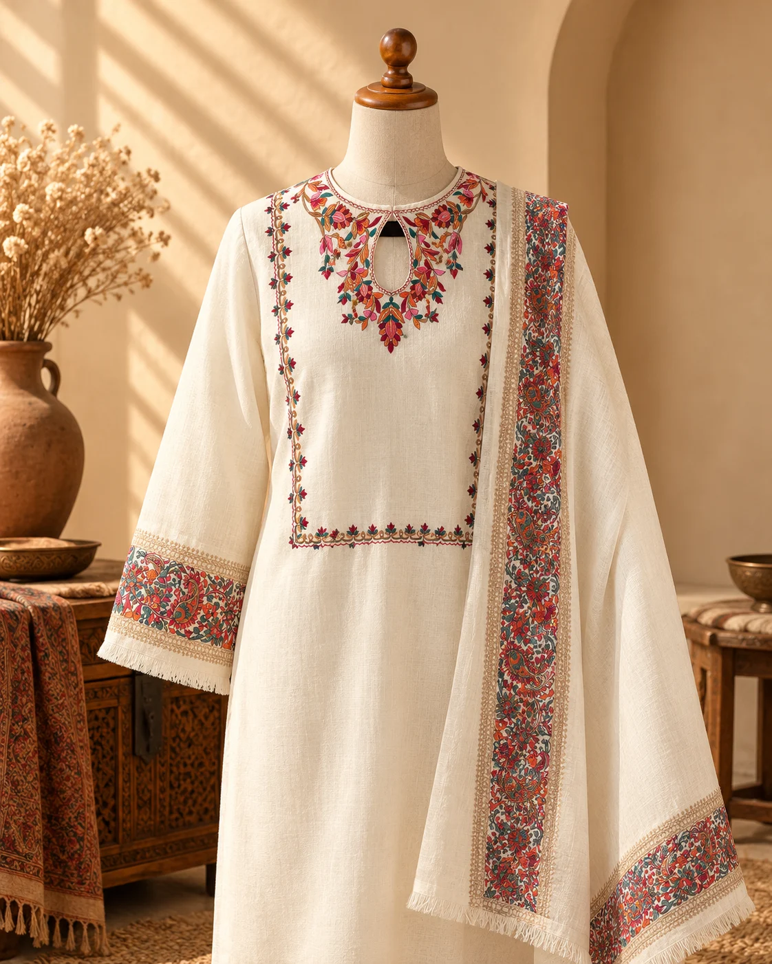 Cream Kashmiri garment with colourful embroidery around the neckline, front and sleeves