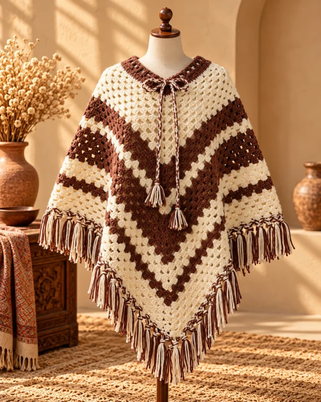 Cream and brown knitted poncho with geometric patterns and fringe